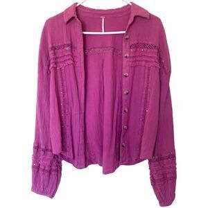 Free People Boho Crochet Summer Stars Pink Button Down Long Sleeve Top Size S